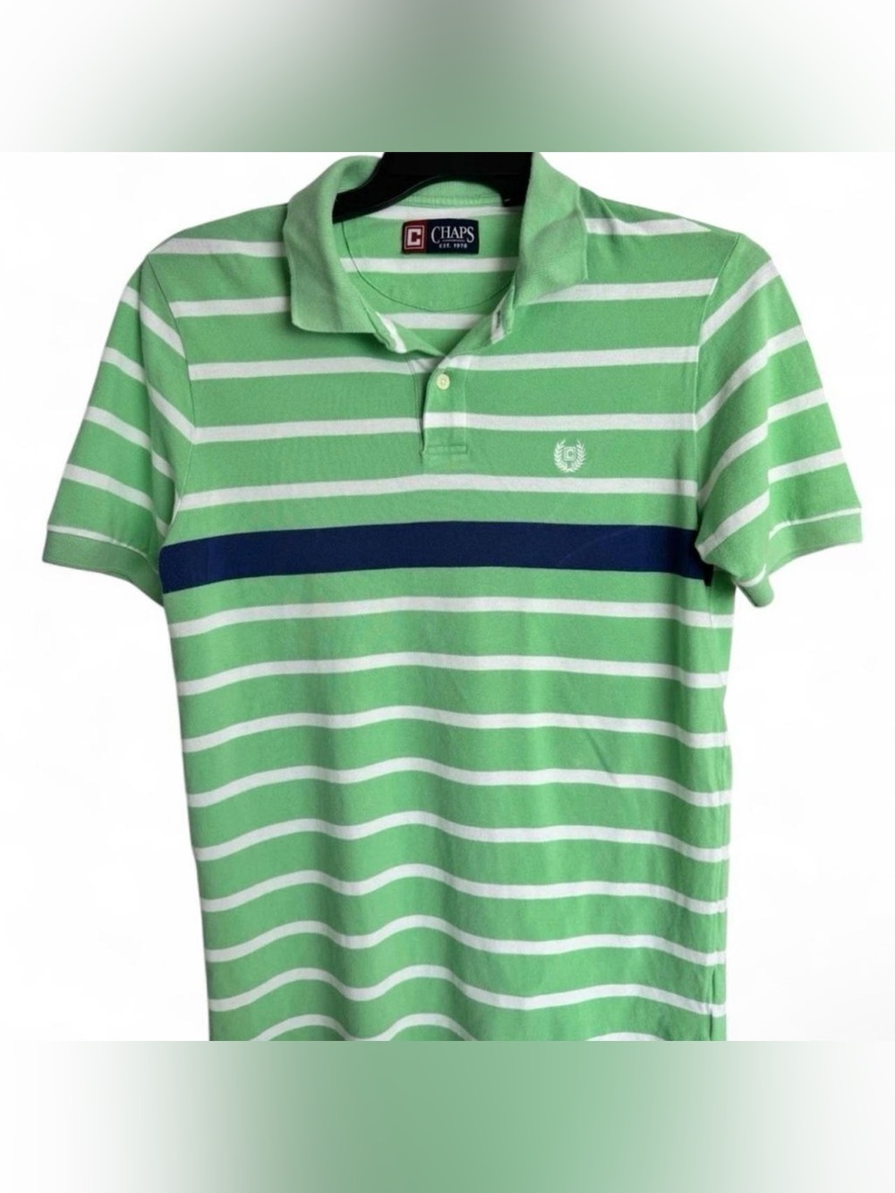 Chaps Mens Polo Shirt Medium Green White Striped Short Sleeve Cotton Pique